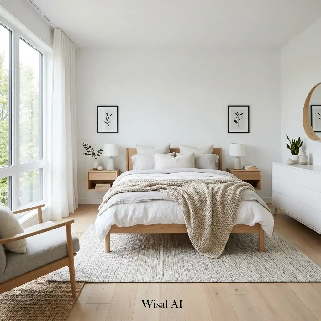 Scandinavian master bedroom with light wood and cozy neutral decor