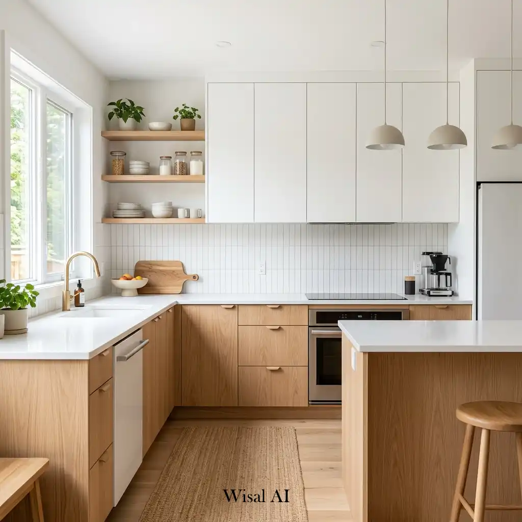 Scandinavian kitchen with white cabinets and light wood finishes