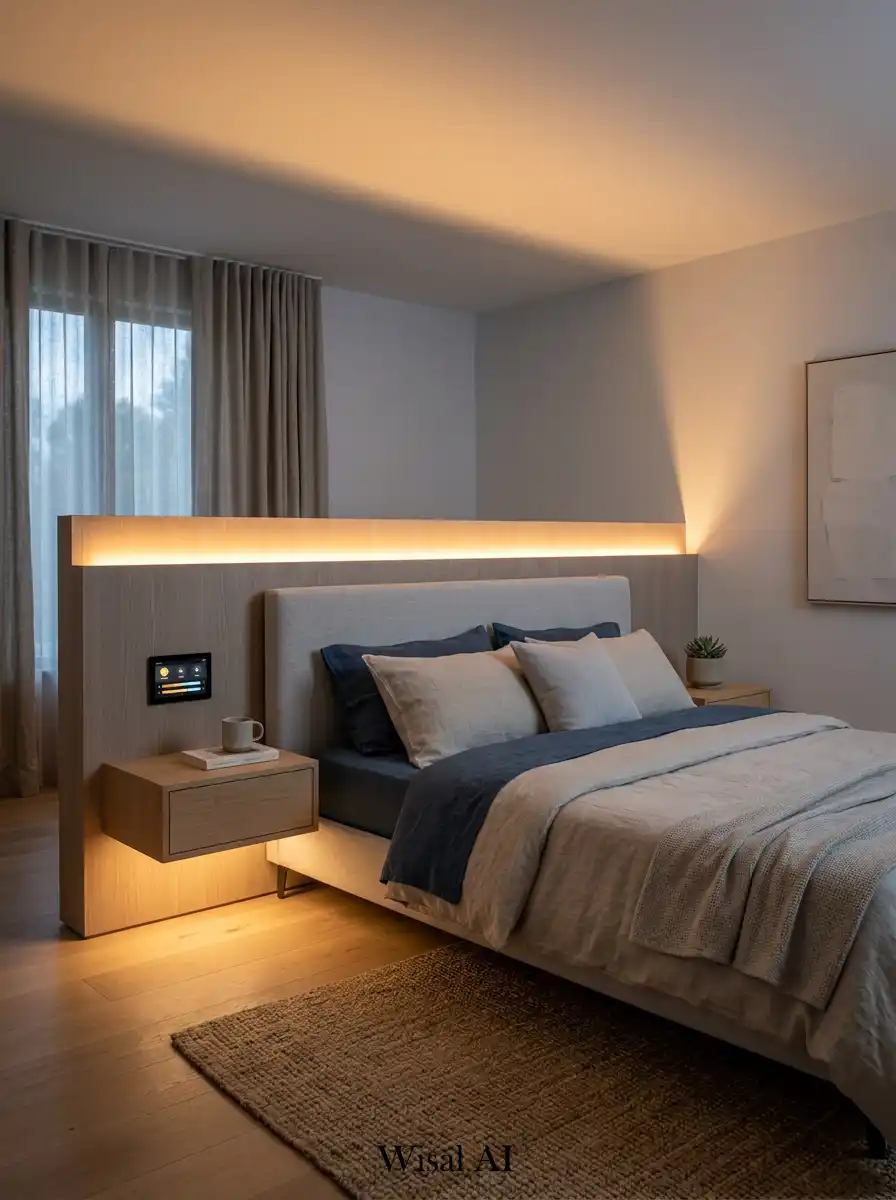 Cozy bedroom with advanced smart bedside lighting controls system.