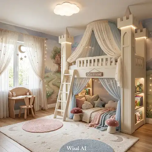 Fantasy storybook kids bedroom with castle style bed, magical decor, and dreamy lighting