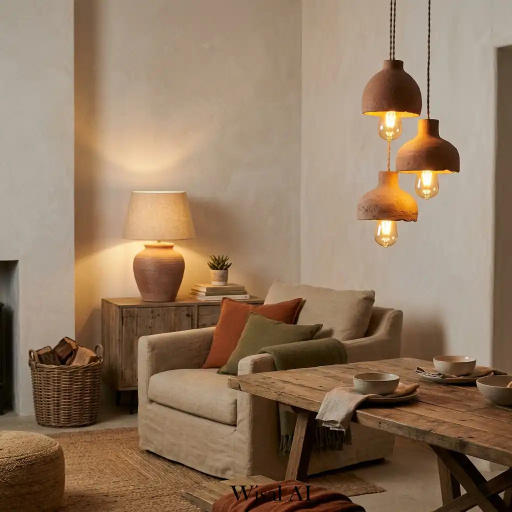 Soft terracotta lighting fixtures with warm ambient glow
