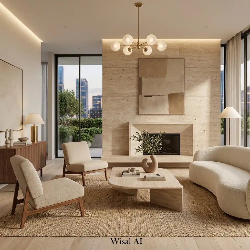 Sophisticated living room featuring travertine accents and modern luxury design