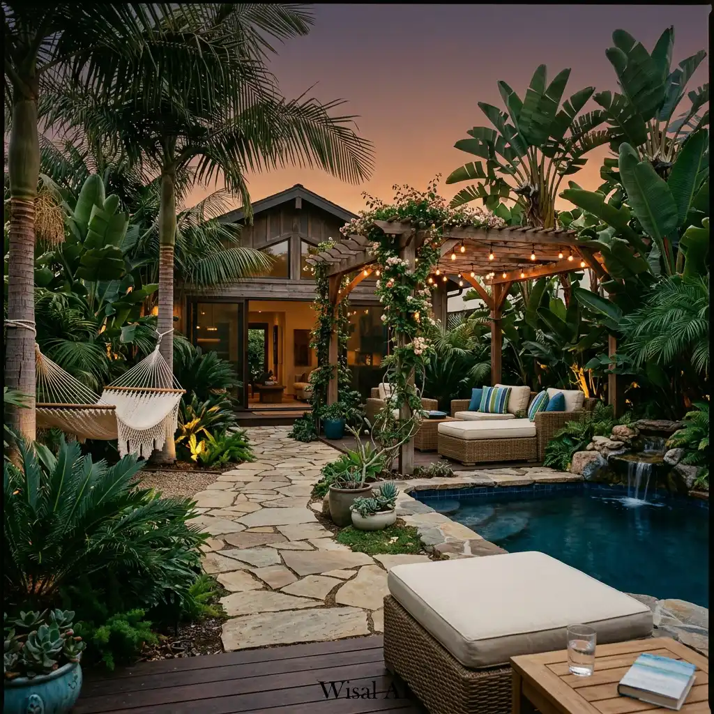 Tropical backyard retreat with lush greenery, palm trees, and resort-inspired design