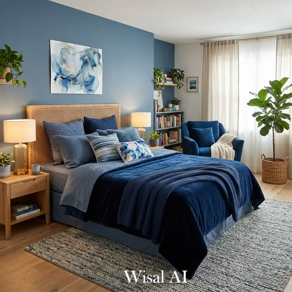 Dreamy blue bedroom sanctuary with calm relaxing atmosphere
