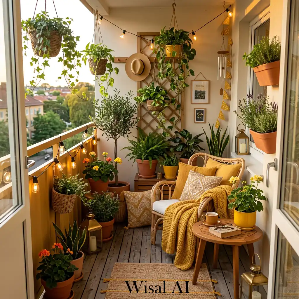 Dream yellow balcony sanctuary with plants, lighting, and warm tones