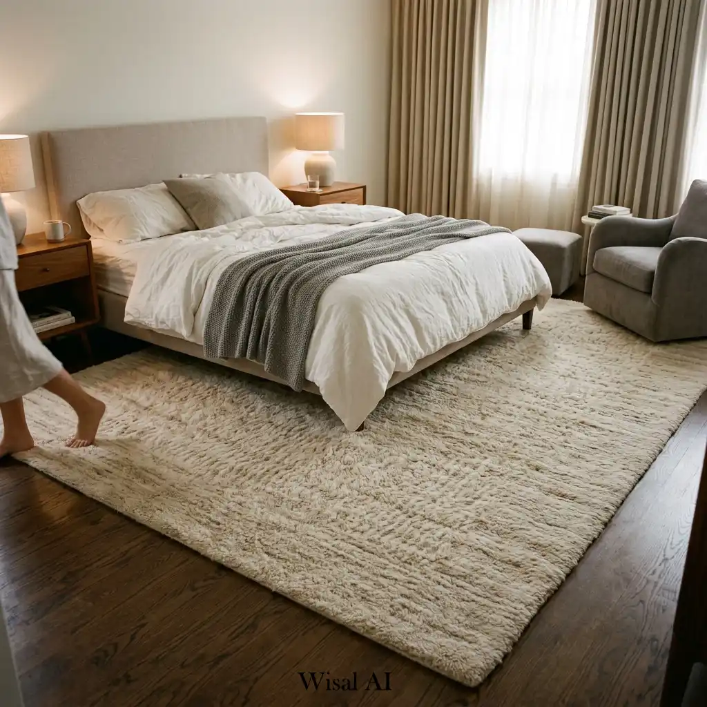 Large wool area rug beneath a contemporary platform bed.