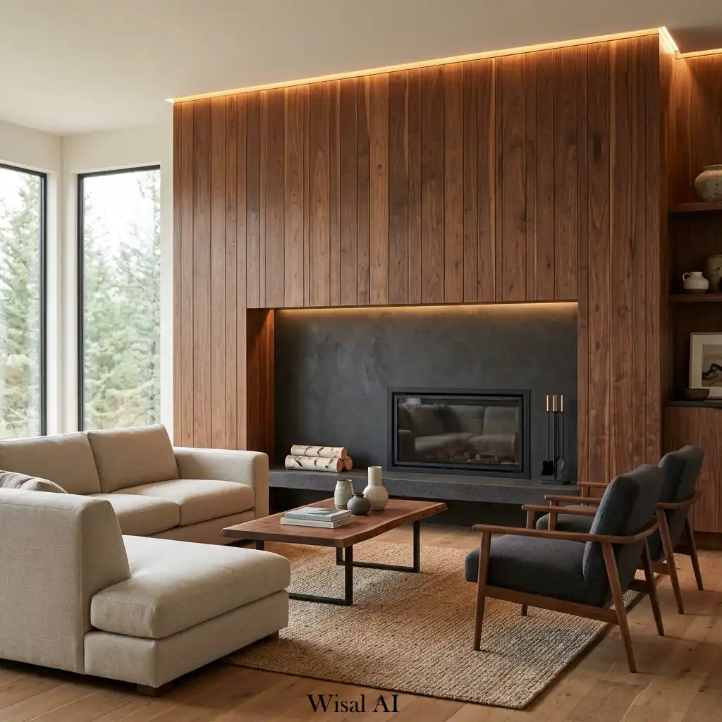 Luxury fireplace wall finished in warm natural wood with contemporary styling
