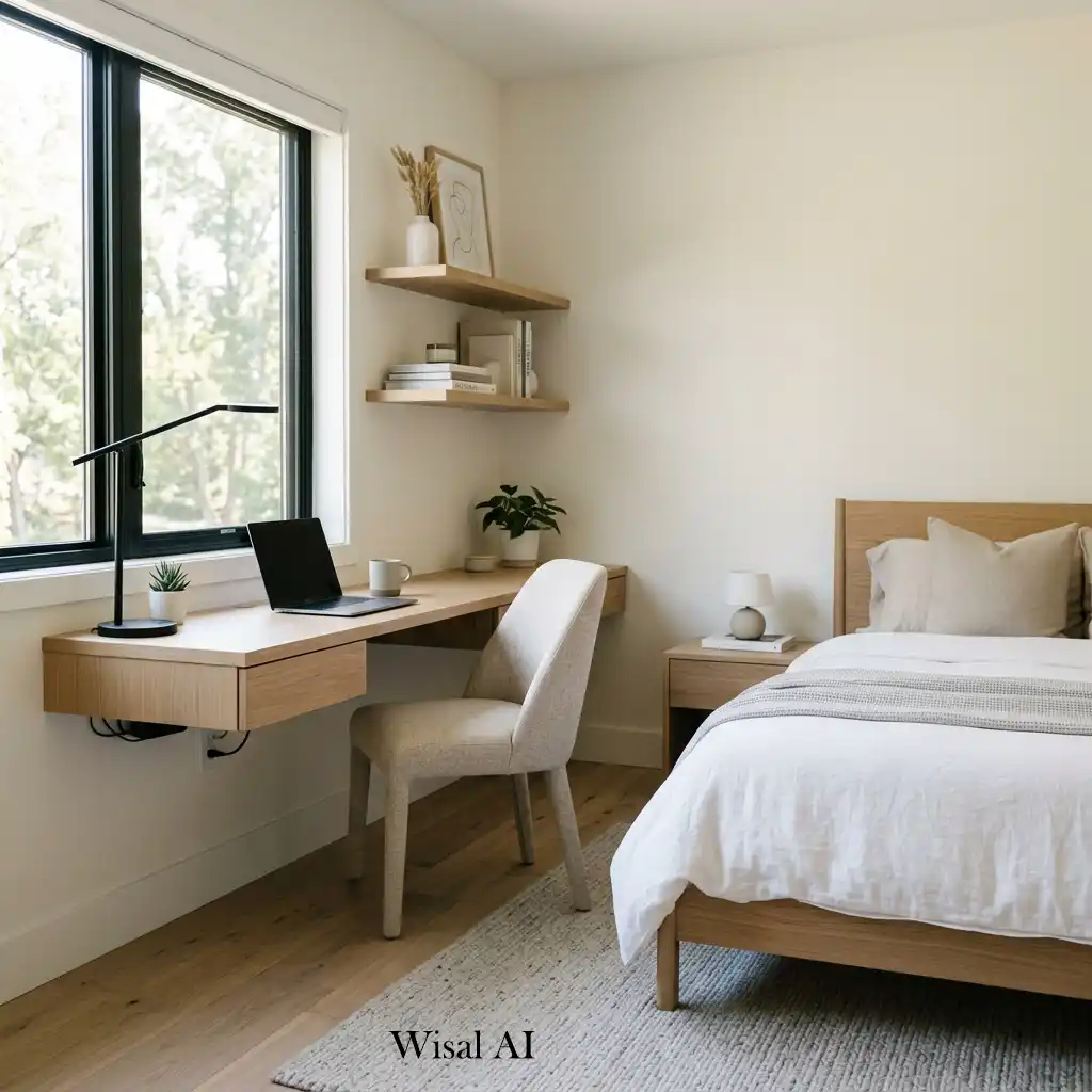 Modern white oak bedroom with a minimalist floating desk workspace.