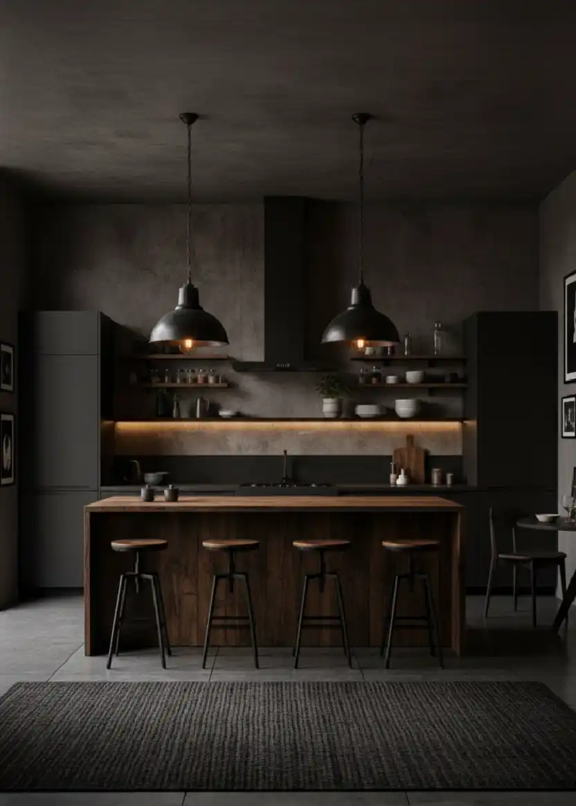 +20 Mastering the Shadows: Dark Industrial Kitchens That Define Modern Luxury