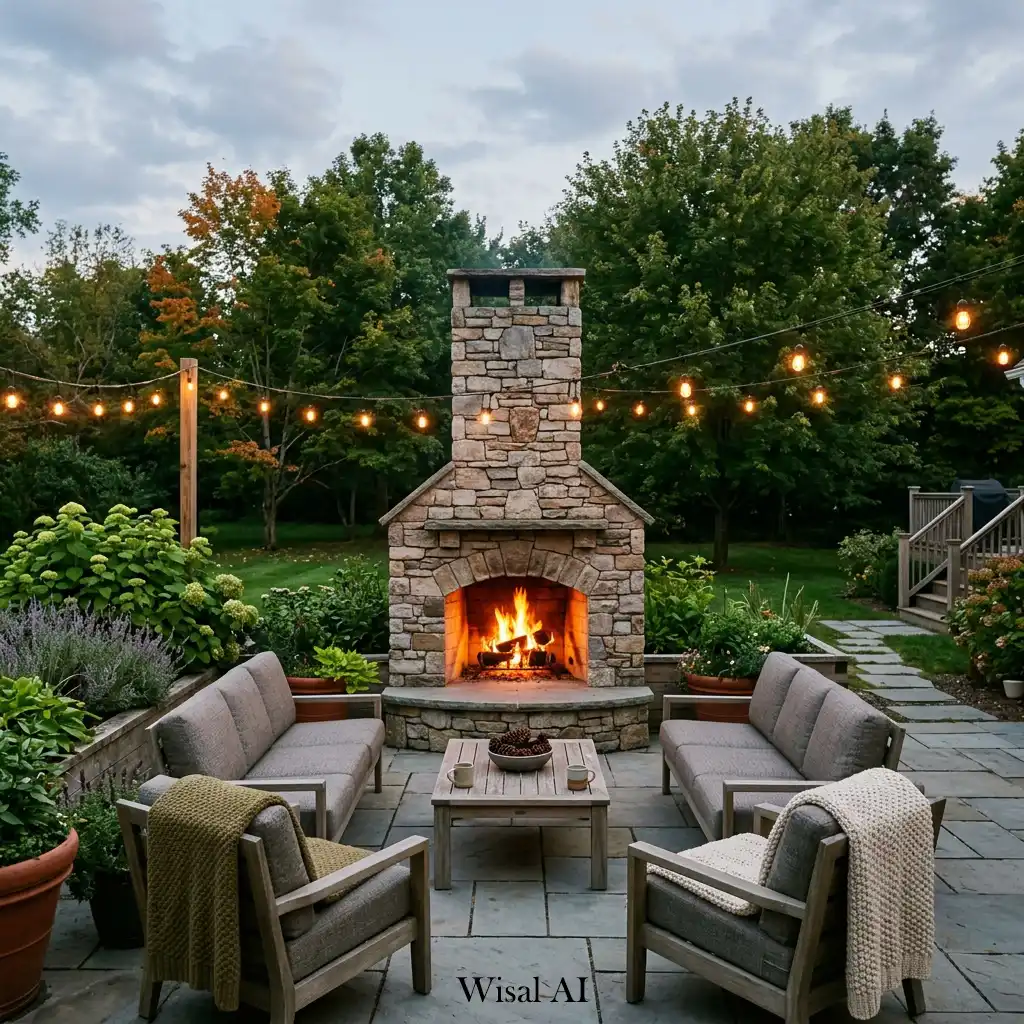 Luxury backyard featuring an outdoor fireplace and comfortable entertaining space