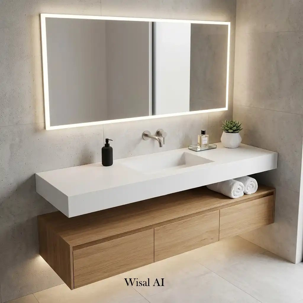 Minimalist bathroom vanity with an integrated sink and seamless quartz surface.
