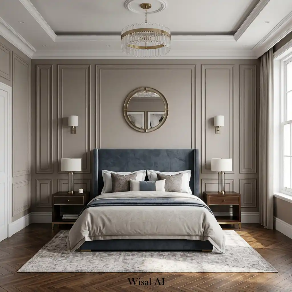 Luxury bedroom with symmetrical floor-to-ceiling wall paneling design.