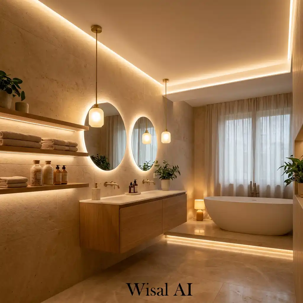 Beige bathroom with soft layered ambient spa lighting