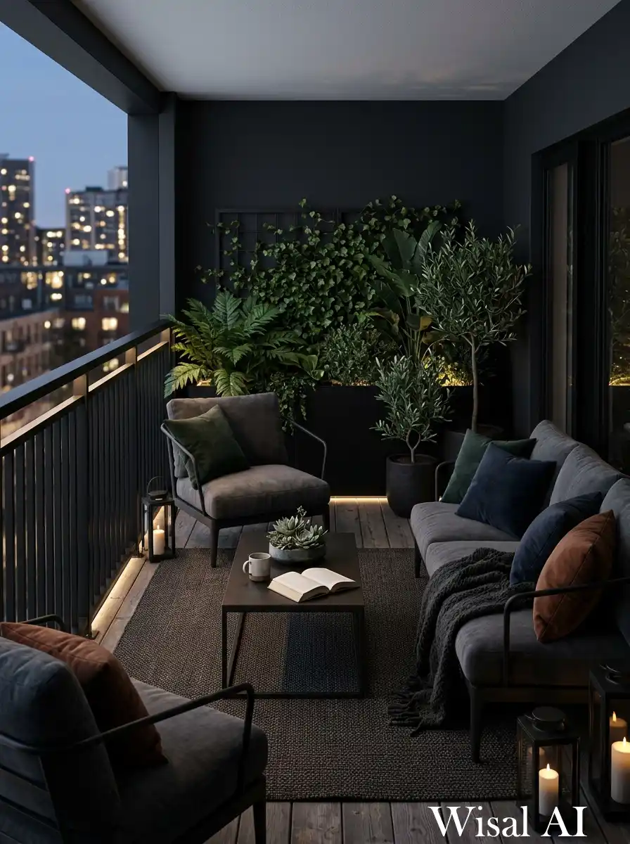 Elegant black balcony designed as a luxury private escape with soft lighting, minimal decor, and calm atmosphere.