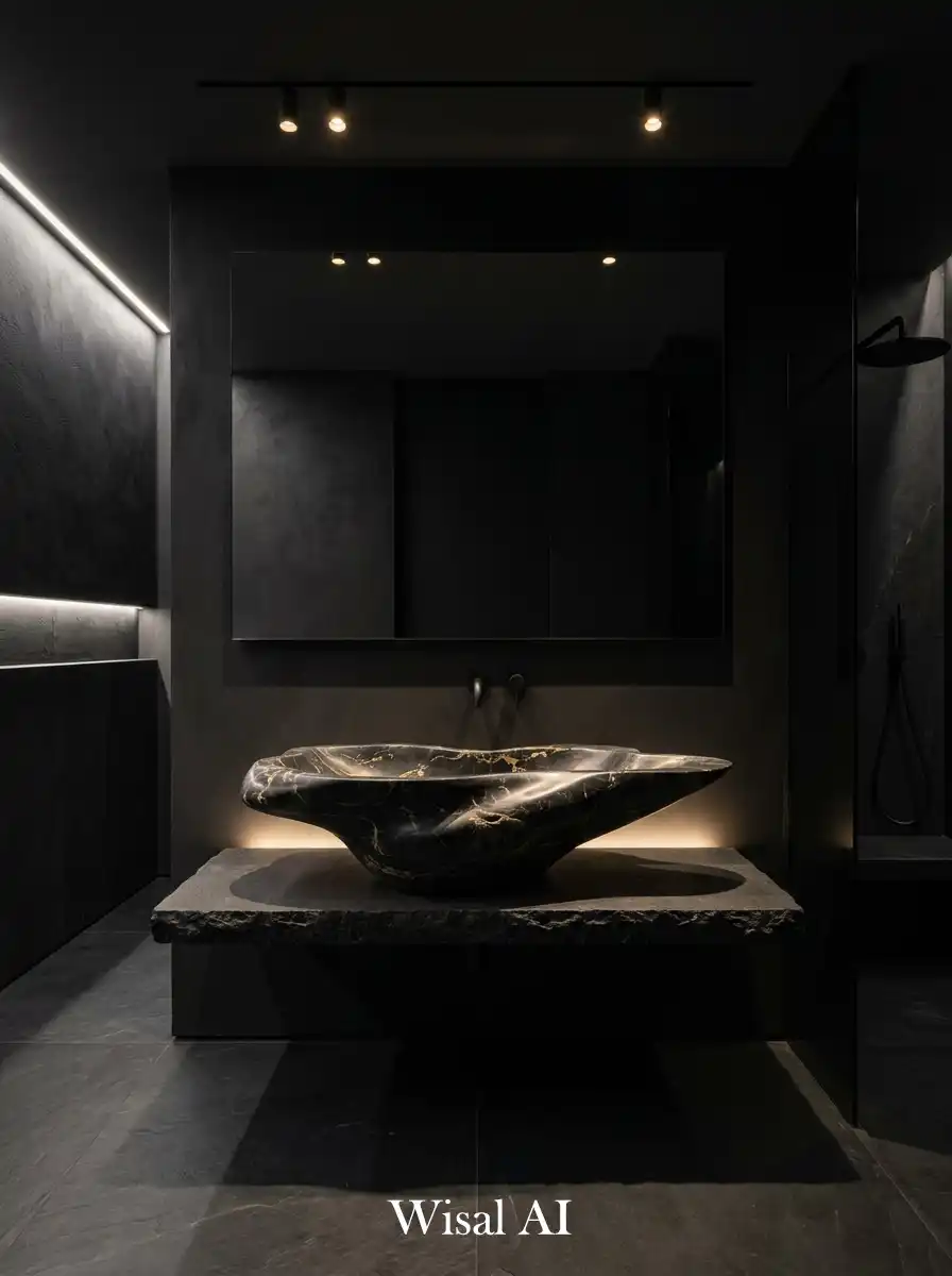 Modern black bathroom with sculptural sink as artistic focal point in luxury design.