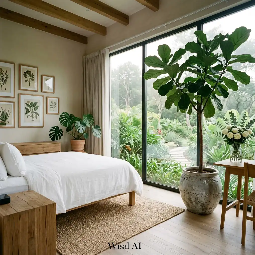 Modern bedroom featuring indoor plants and natural materials.