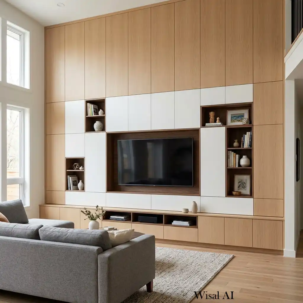 Floor-to-ceiling built-in TV wall with concealed storage cabinets.