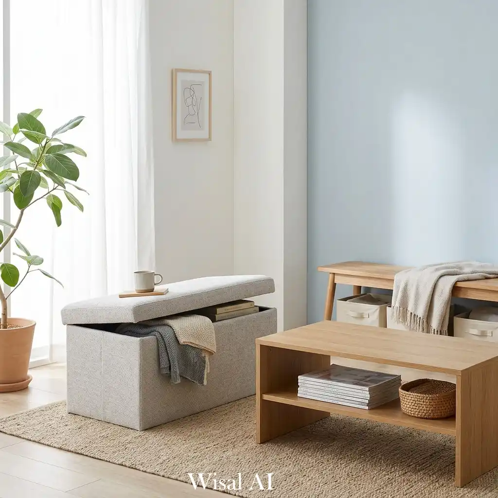 Modern minimalist living room featuring a storage ottoman and multifunctional coffee table in a small space