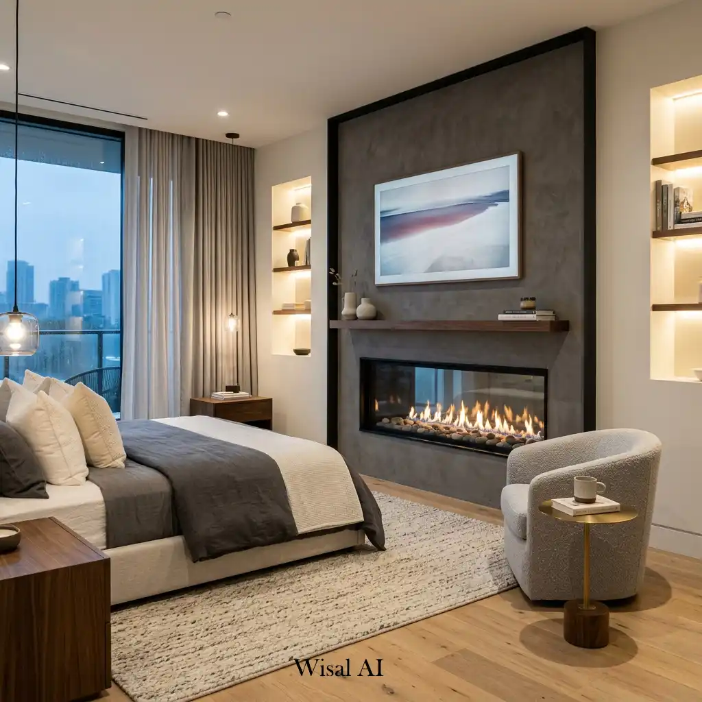 Sophisticated bedroom with a modern built-in fireplace and cozy atmosphere