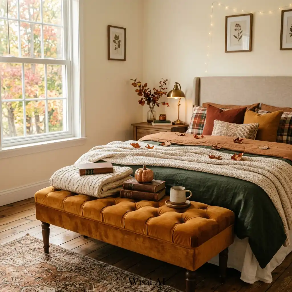 Upholstered bench at the foot of the bed in a cozy autumn interior.