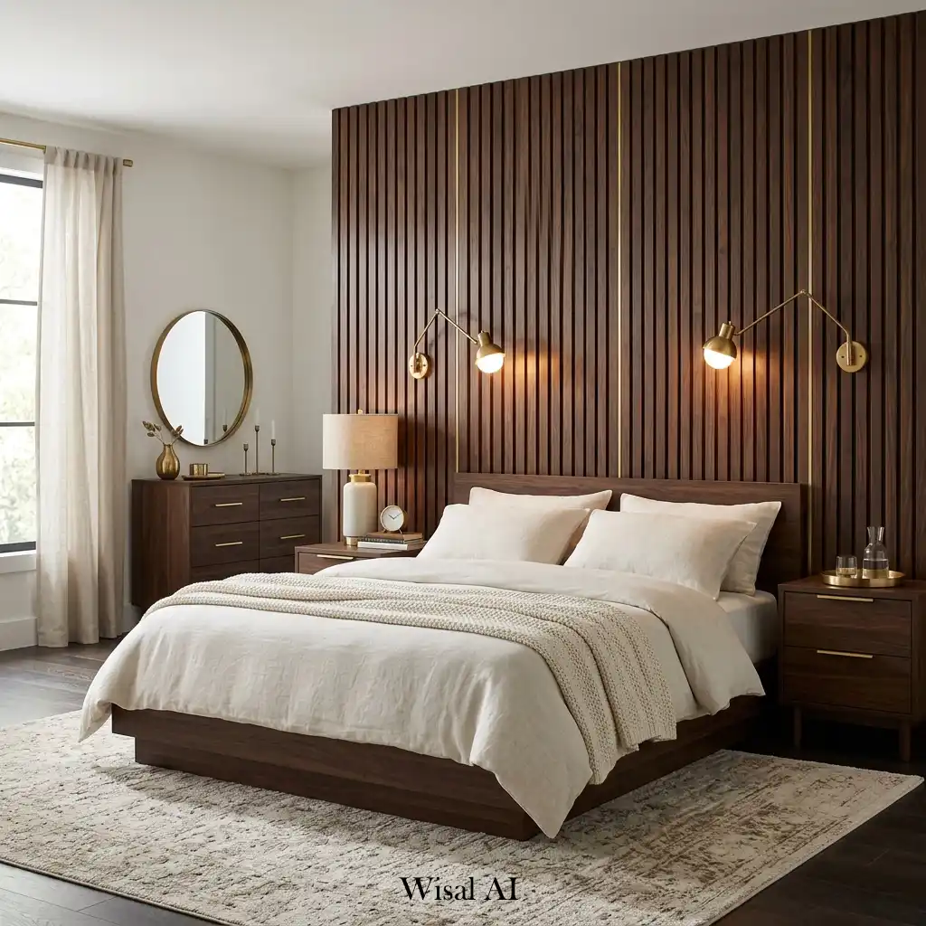 Dark walnut wood slat wall with elegant brass lighting accents.