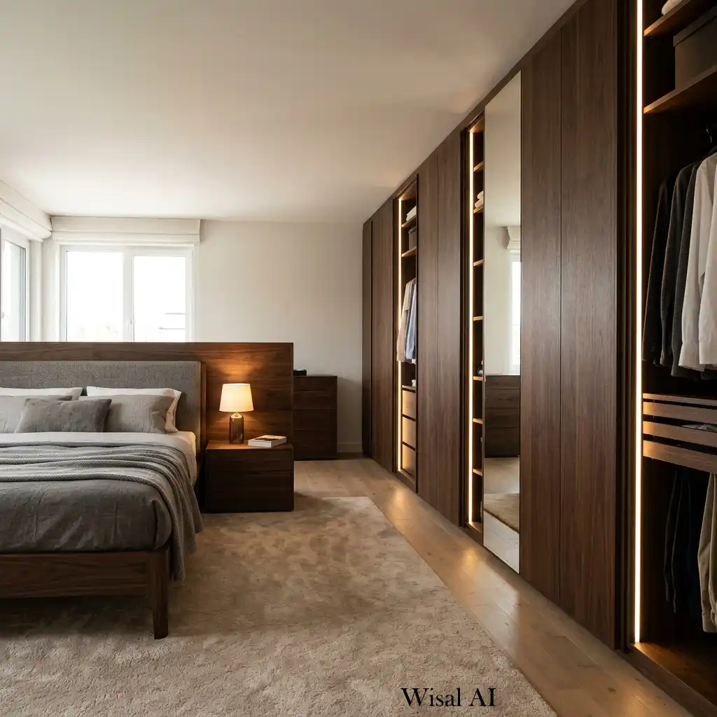 Floor-to-ceiling dark wood wardrobes with integrated lighting in a luxury bedroom.