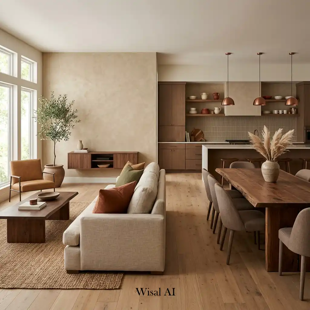 Earth-tone open concept living room with warm natural color palette