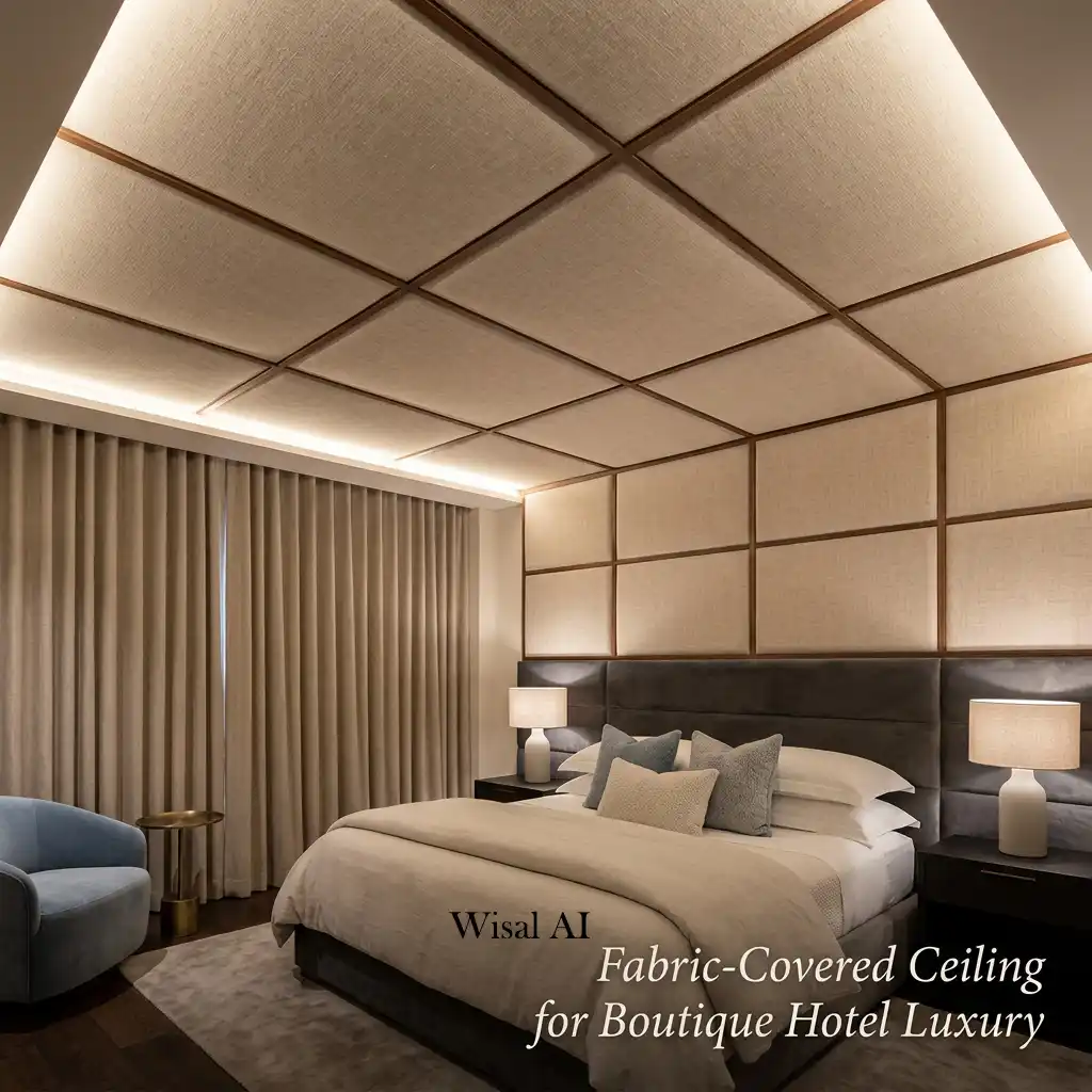 Boutique hotel-inspired bedroom with an upholstered fabric-covered ceiling.