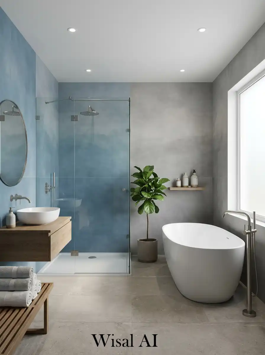 Gradient blue to grey bathroom wall transition design
