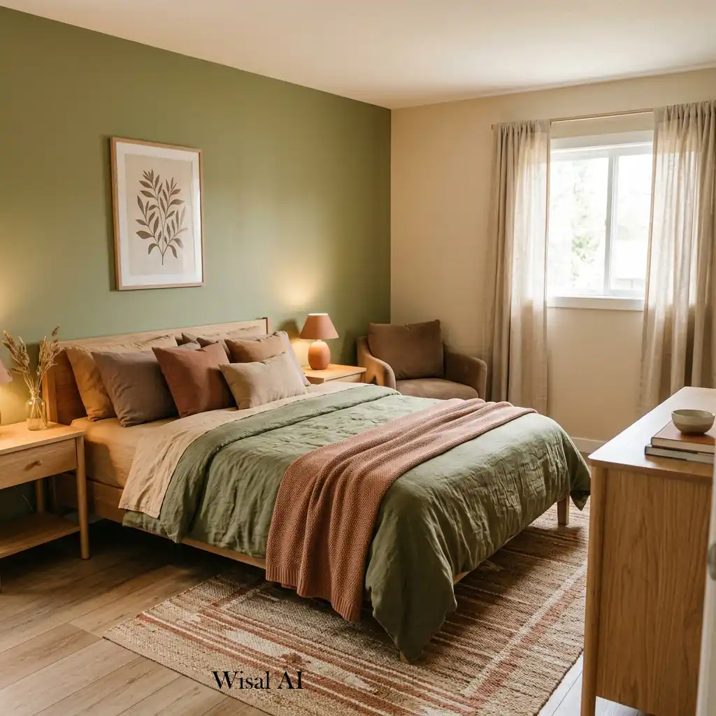 Guest bedroom with earthy tones and natural materials.