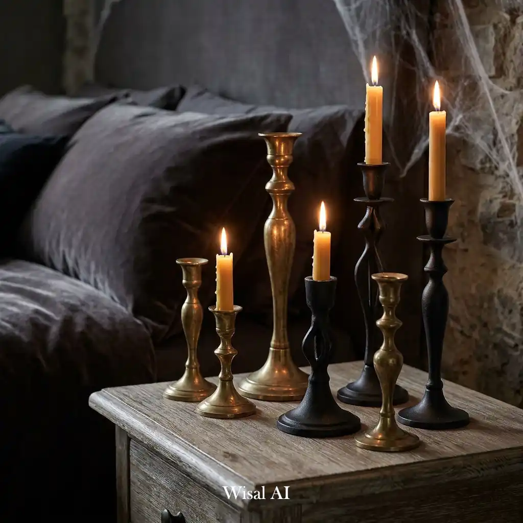 Halloween-inspired bedroom with antique candle holders and warm glow.
