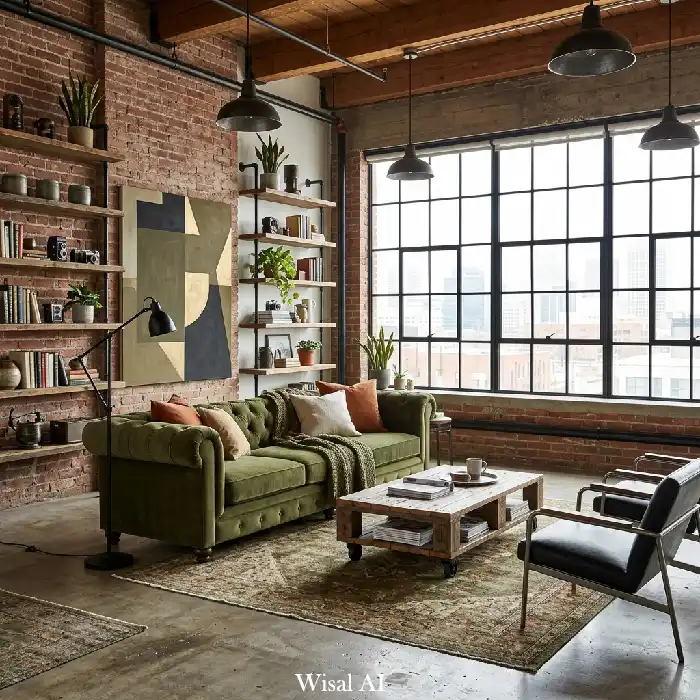 Industrial olive green loft living room with exposed brick walls, black metal accents, and modern decor
