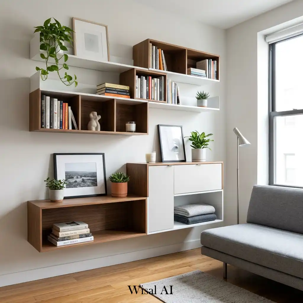 Wall mounted modular storage frees floor space and displays essentials