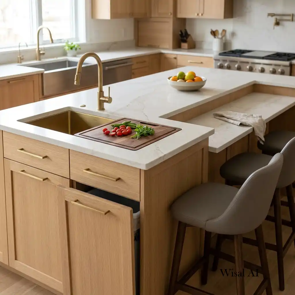 Modern kitchen island with a prep sink and integrated built-in seating.