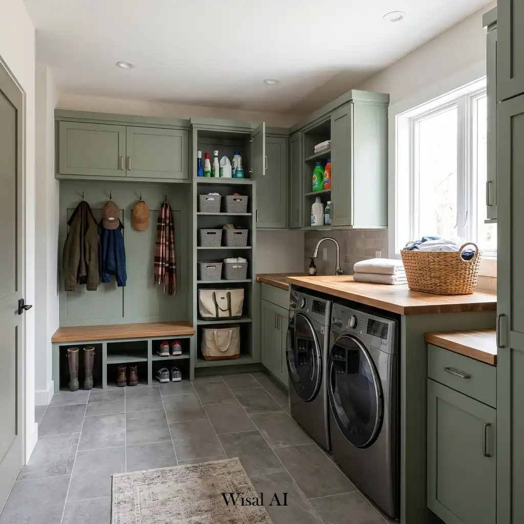 Combined laundry room and mudroom with built-in storage and practical organization
