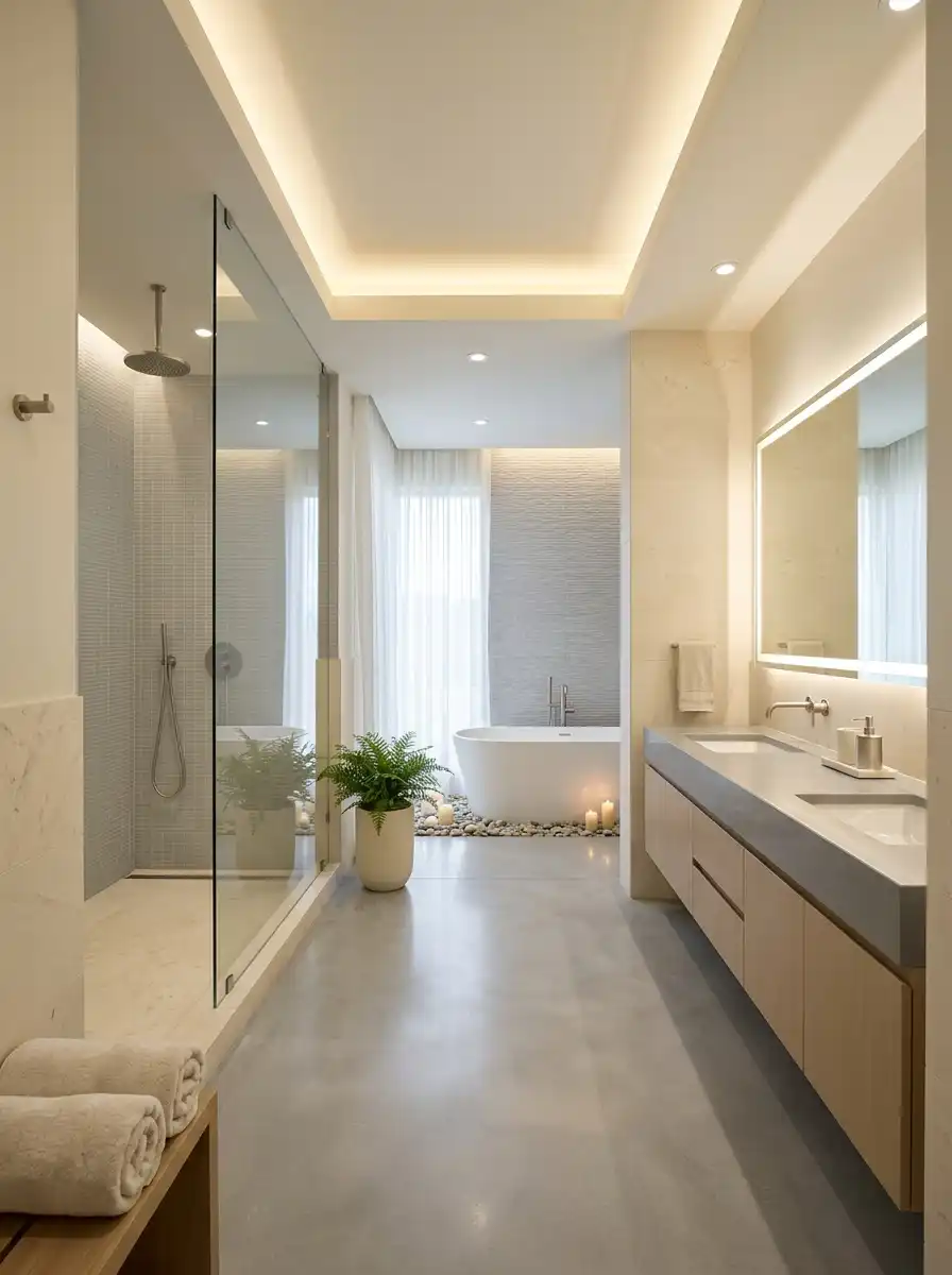 Contemporary bathroom with light gray structure and cream soft neutral palette.