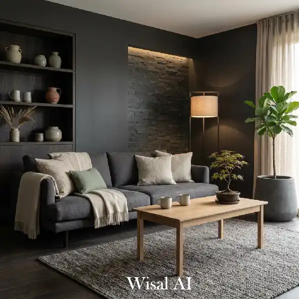 Natural stone and wood combination in Japandi design
