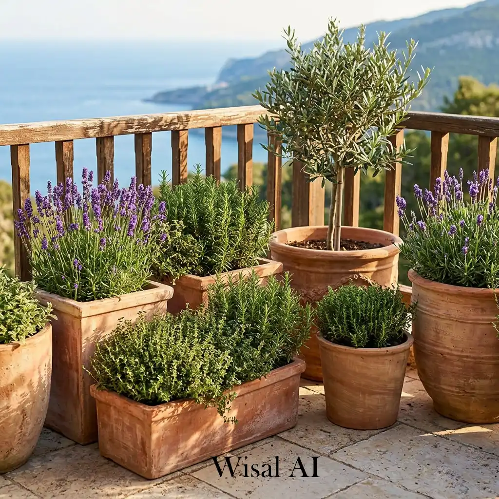 Mediterranean garden balcony retreat filled with terracotta planters