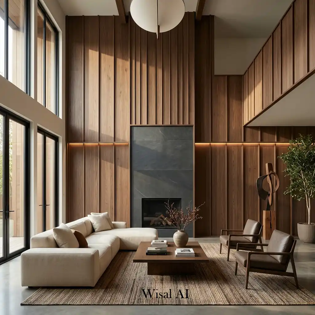 Mocha toned wood panel wall in modern apartment interior