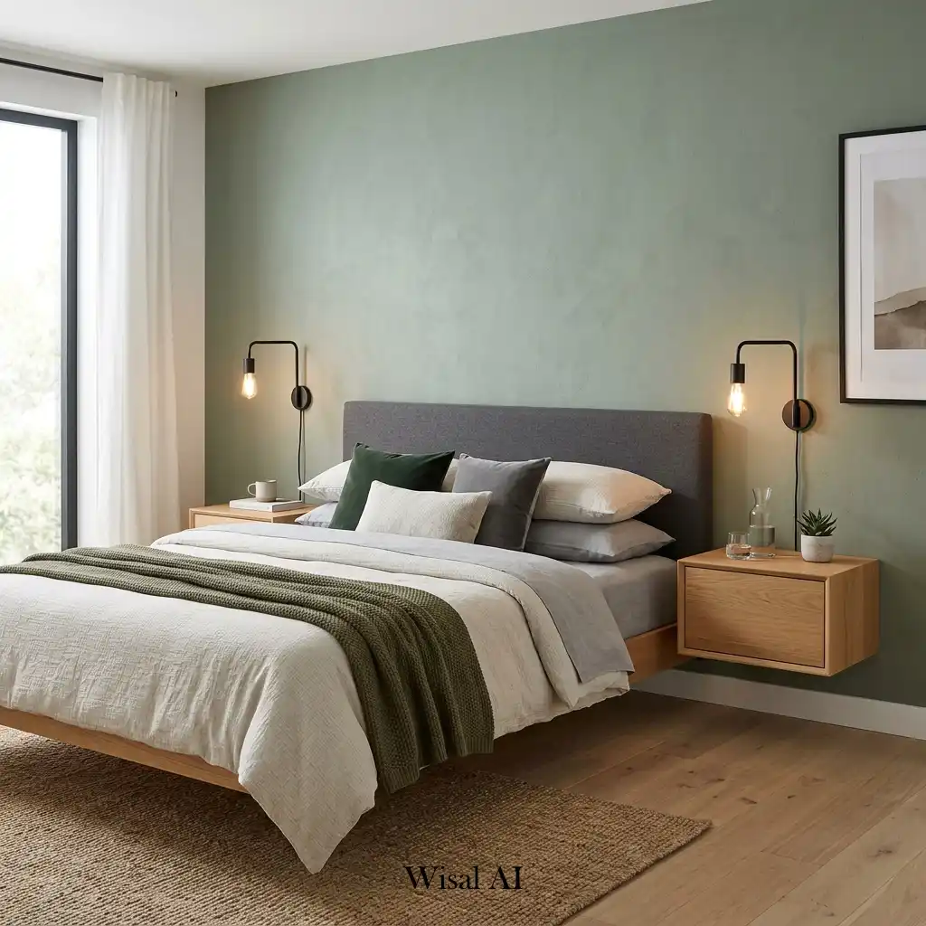 Modern bedroom with floating nightstands and minimalist styling.