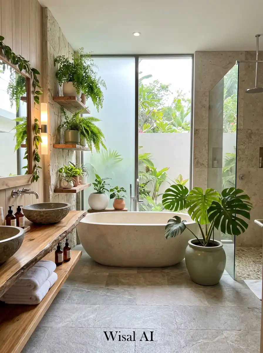 Natural green spa bathroom with indoor plants and organic calming design