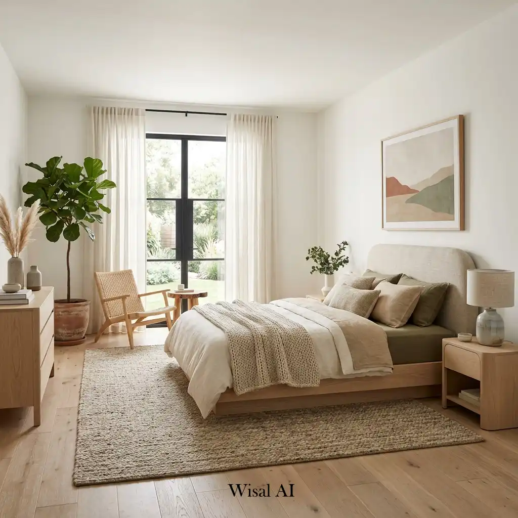 Organic modern bedroom with natural materials and earthy color palette