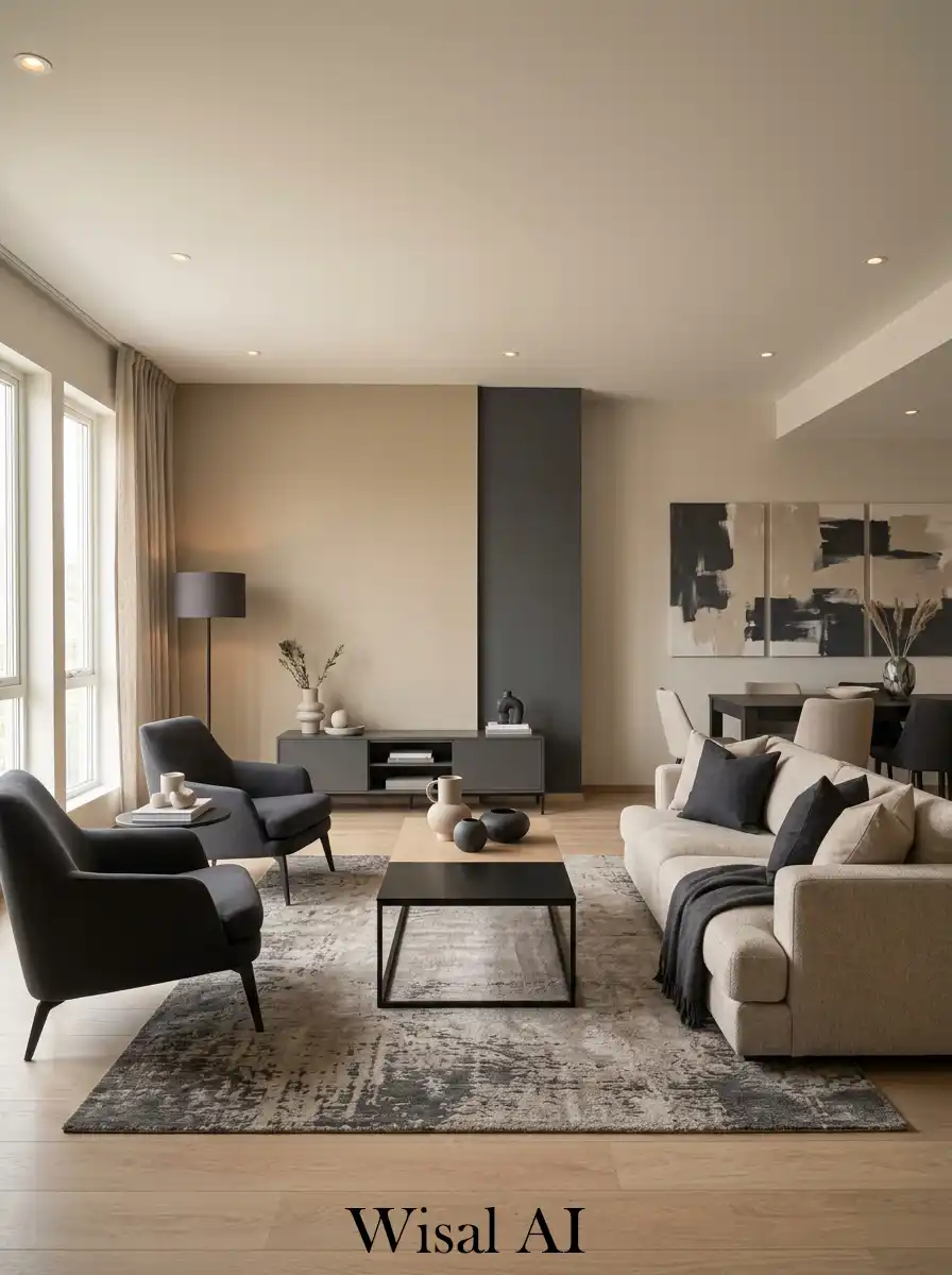 Perfectly balanced living room with charcoal and beige tones modern luxury design and harmonious interior layout.