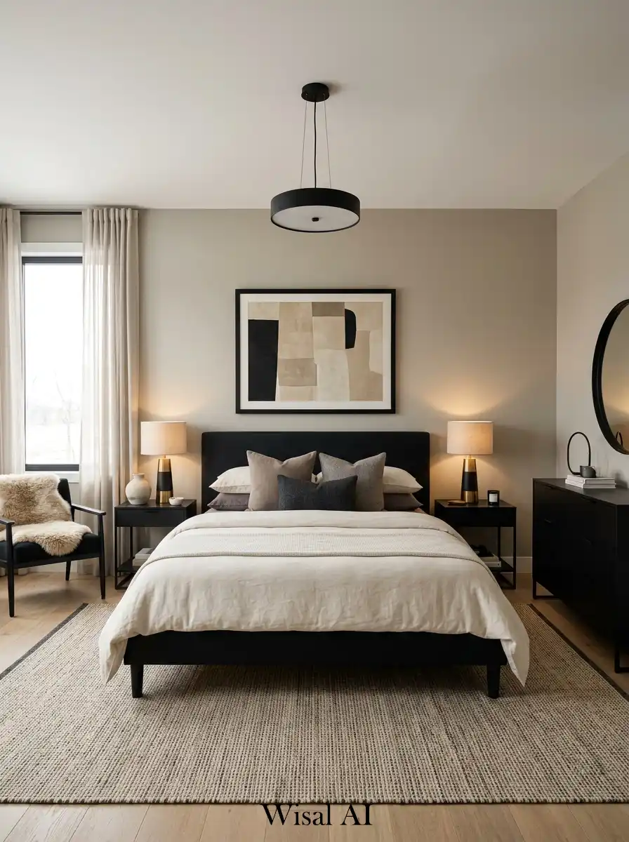Perfectly balanced bedroom combining black and neutral tones for modern luxury harmony.