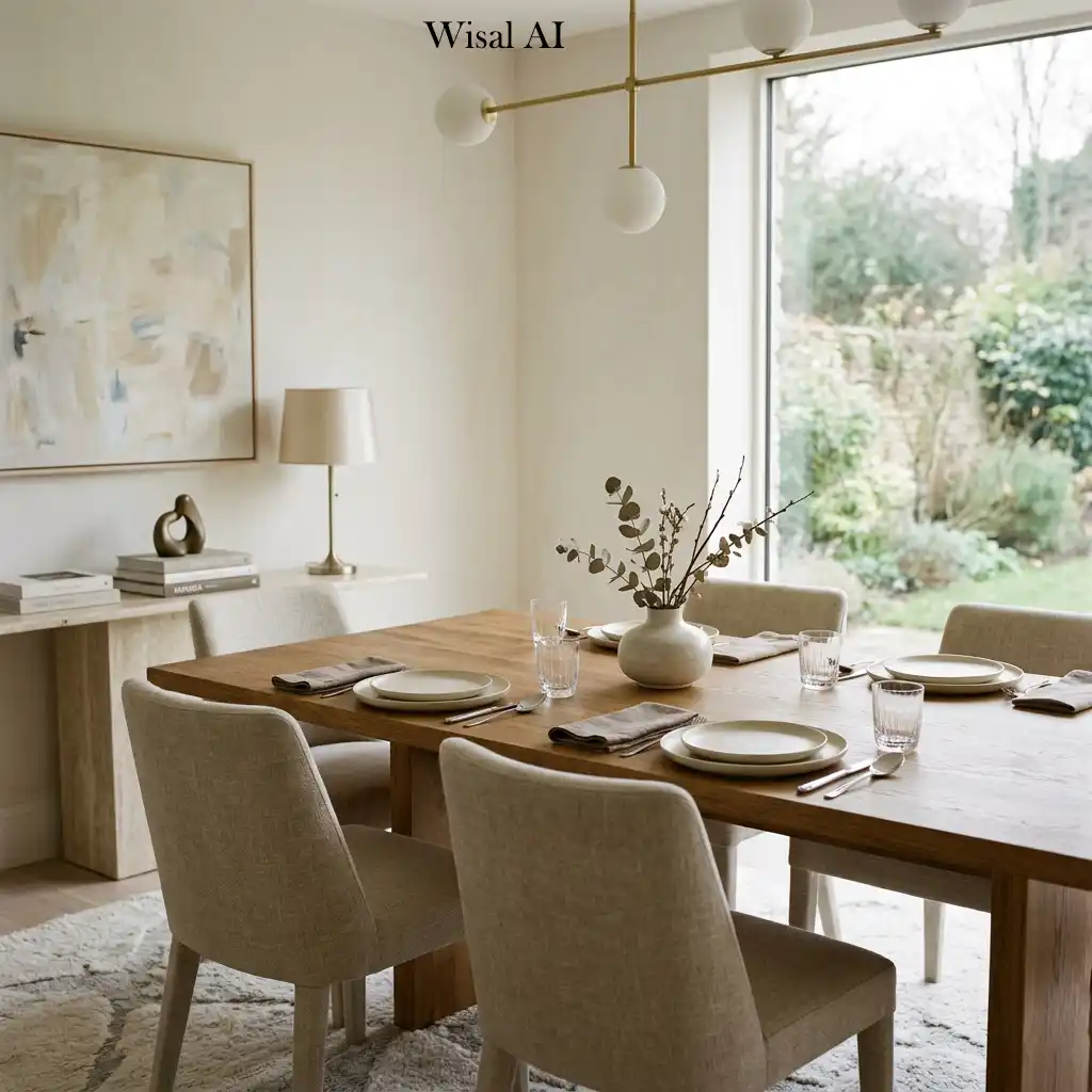 Quiet luxury dining room with refined materials and understated sophistication