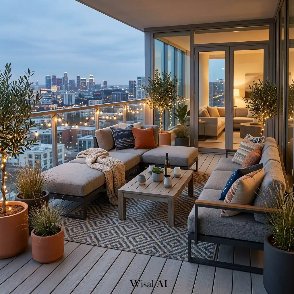 Luxury balcony featuring modular lounge seating and urban scenery