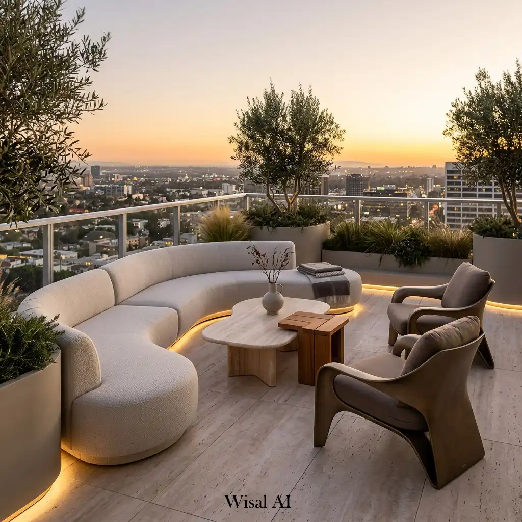 Rooftop terrace with sculptural designer outdoor furniture and clean contemporary styling