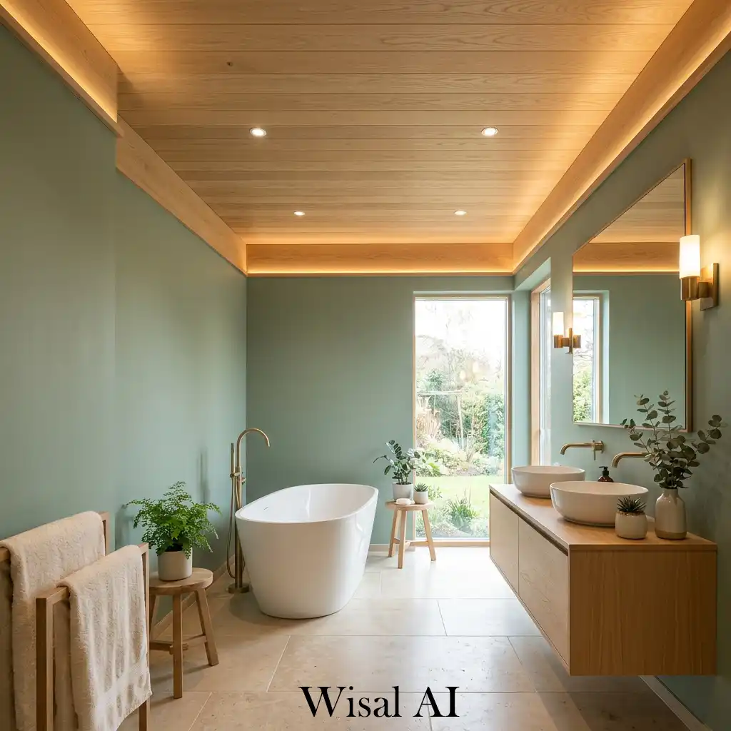 Wooden ceiling sage green bathroom cozy warm interior