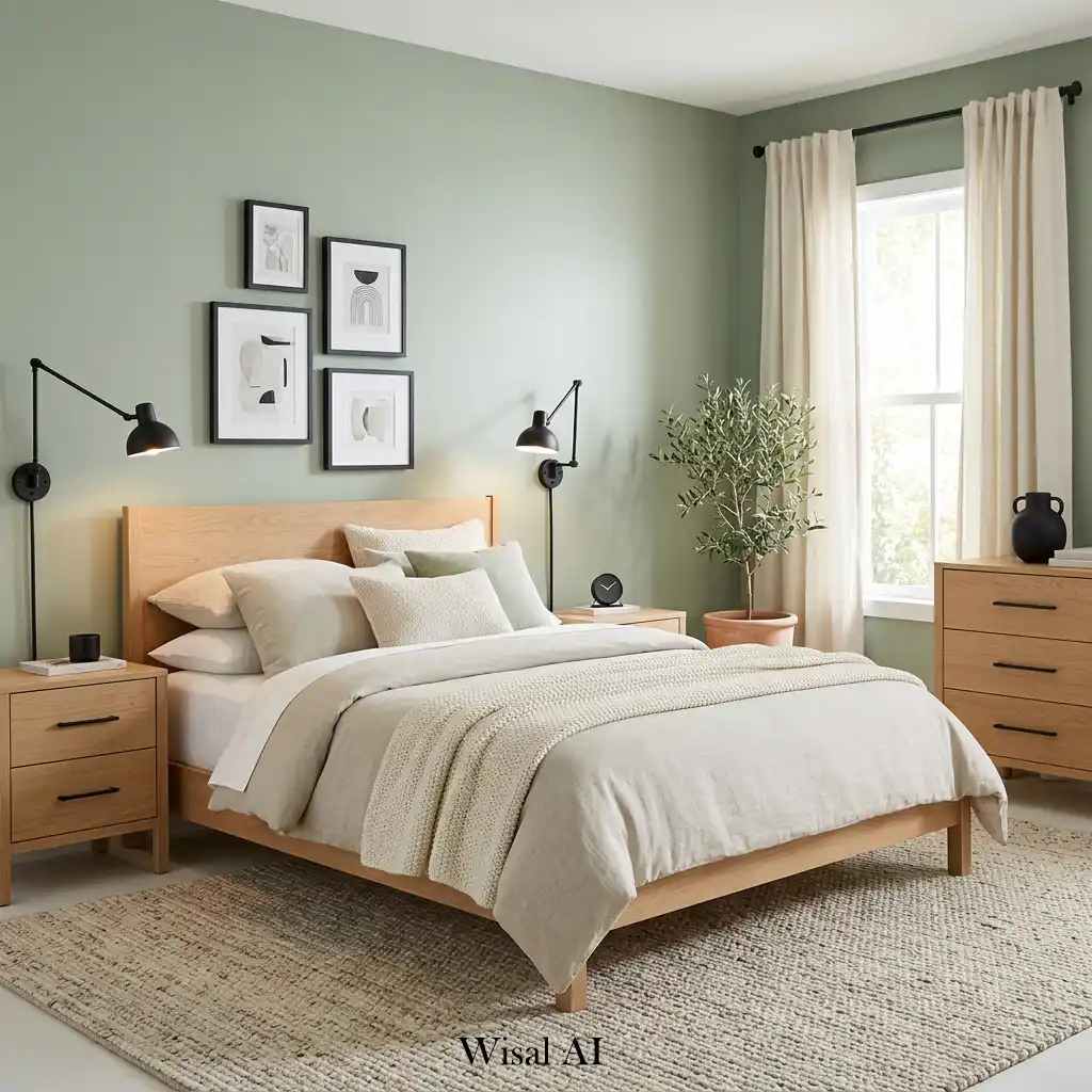 Modern sage green bedroom with white oak furniture and matte black accents.