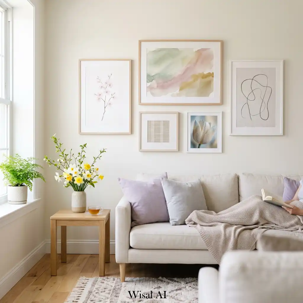 Minimal soft art wall composition in spring living room.